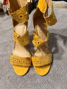Jessica Simpson Yellow Laser-Cut Scalloped Ankle Strap Heels